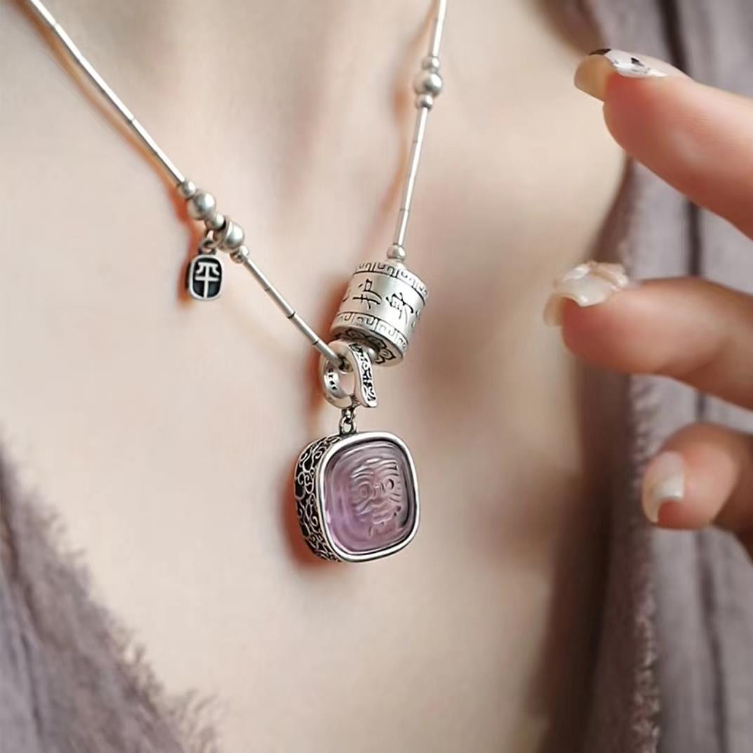 Natural Amethyst Pendant Zakiram Retro Old Exquisite S925 Silver Crystal Necklace Amulet Transfer Beads
