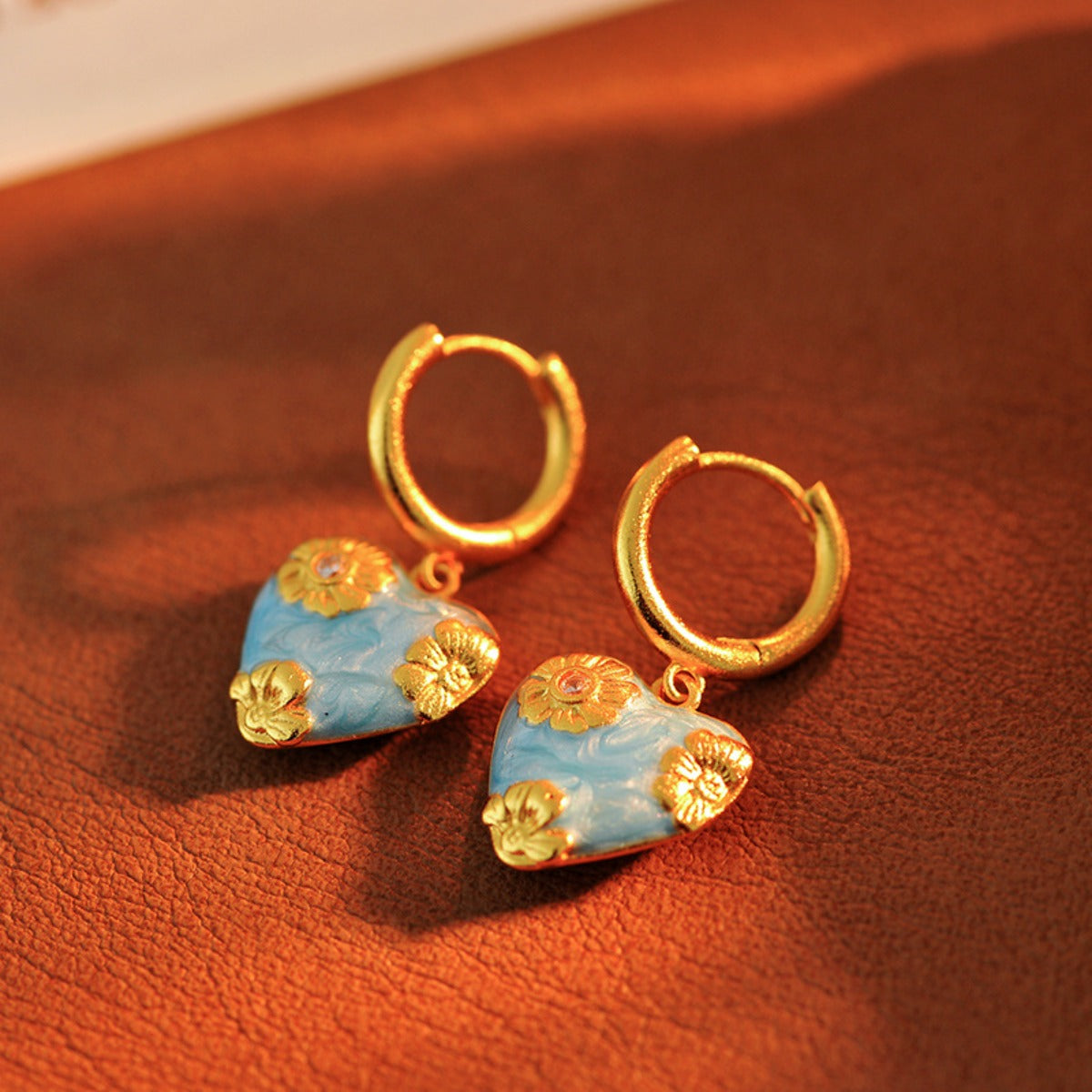 Oil Painting Style Sky Blue Drop Glaze Engraved Earrings Necklace New Chinese Icing on The Cake Niche Design Sense