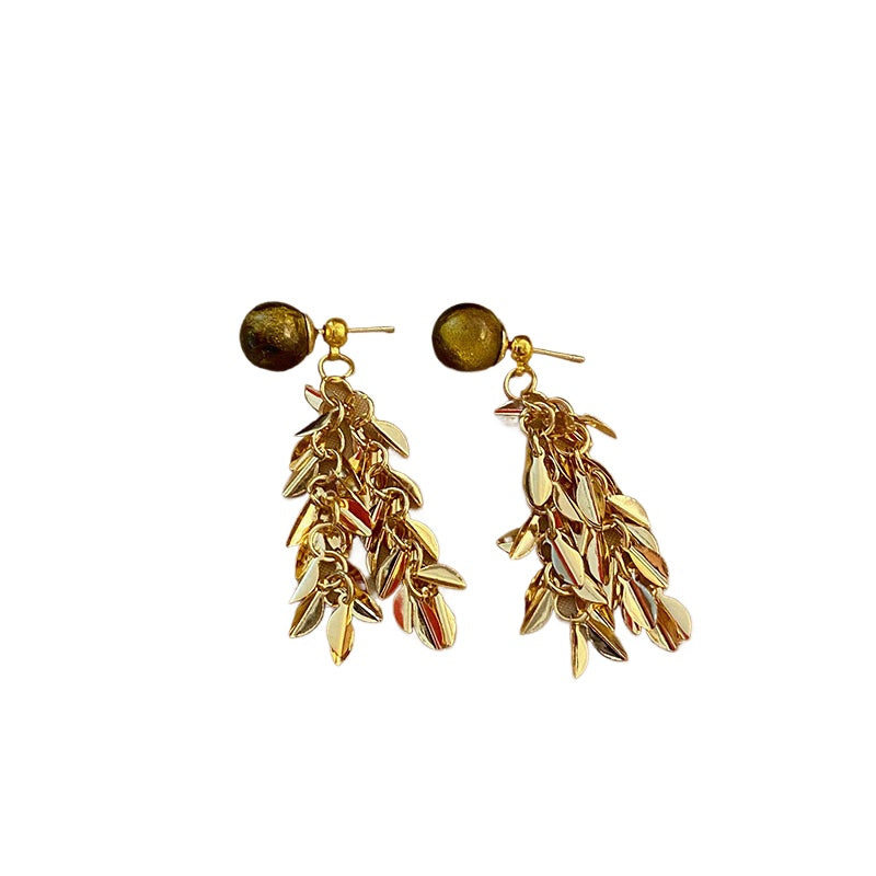 DREJEW Vintage Melard Tiger Eye Stone Fringe Earrings for Women 2025 New Leaf Temperament Drop Earring Gold Plating Jewelries