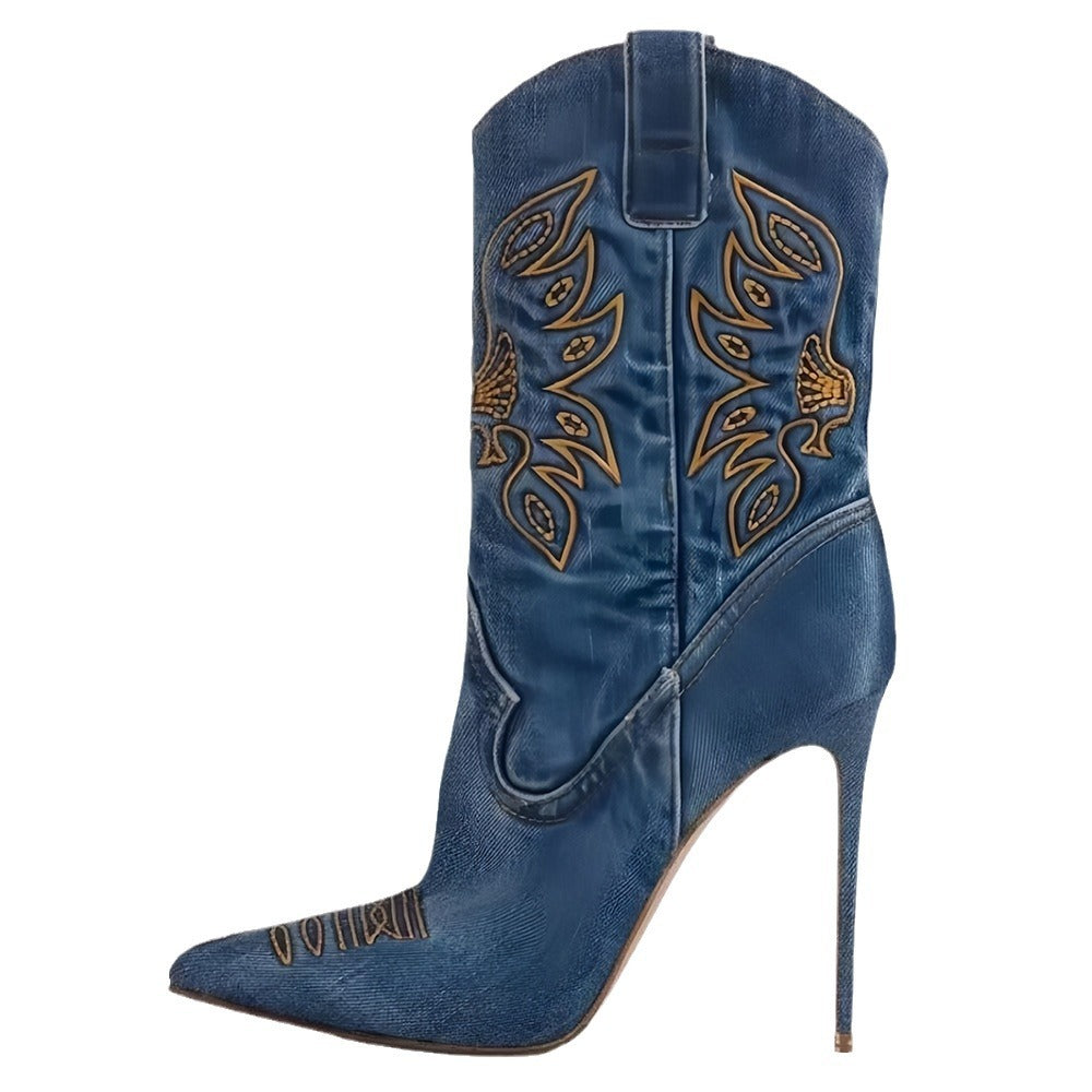 Western cowboy style high heels, pointed high heels, embroidered short tube, slim and sexy knight boots, fashion boots for women