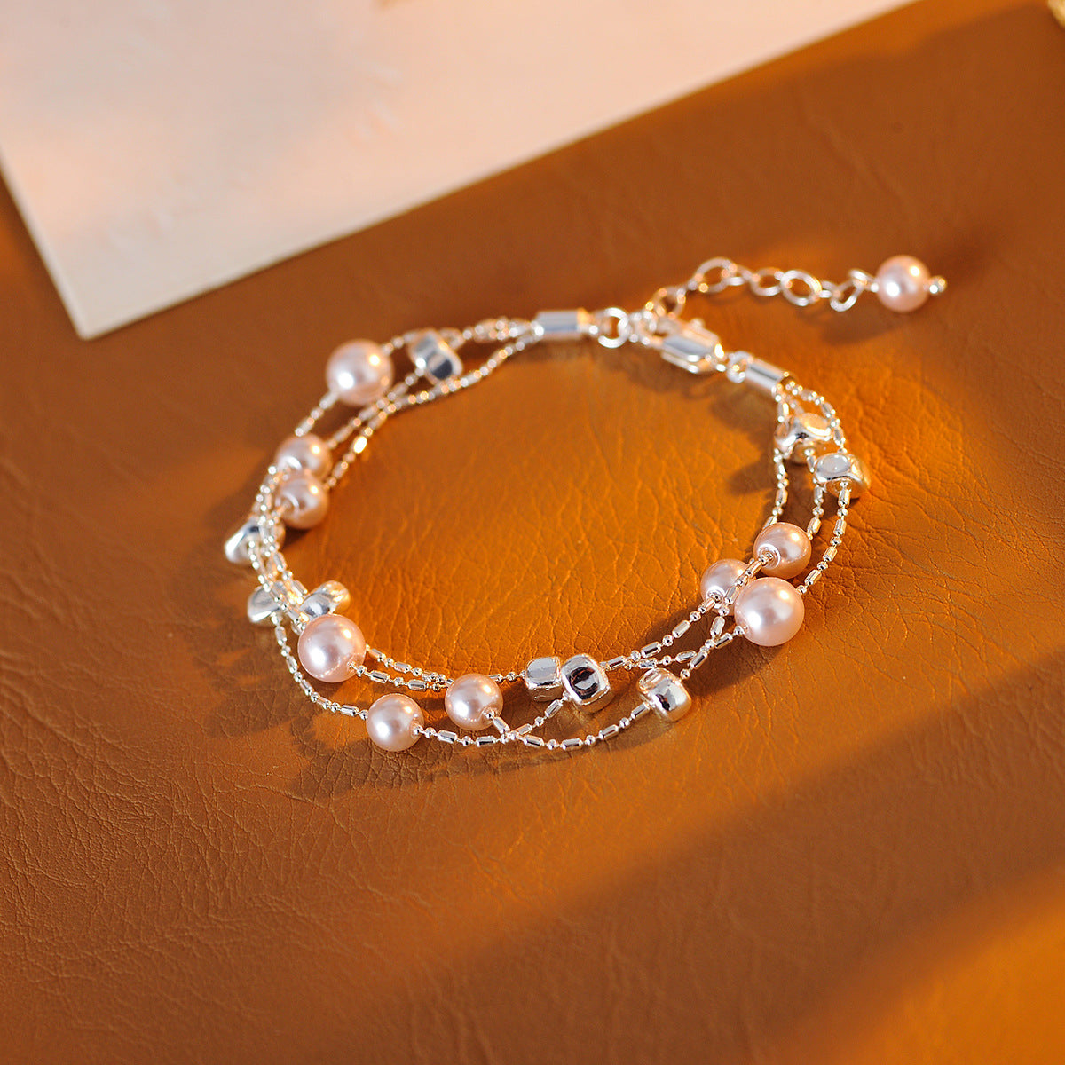 Korean Style Premium Double-layer Pearl Bracelet, Starry Sky, Minimalist Fashion, Niche Design, Box Chain Bracelet