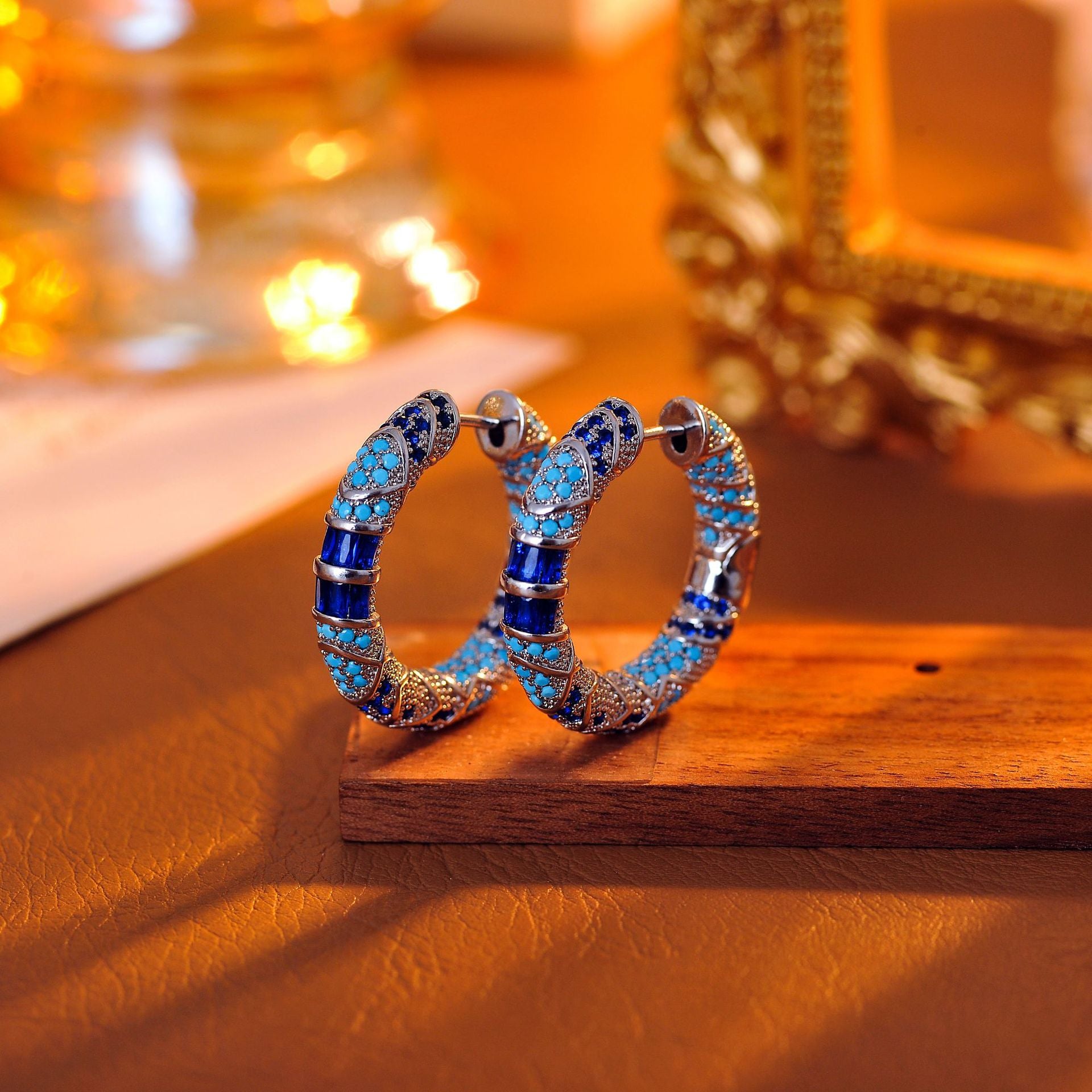New Retro Style Blue Zircon Earrings Trendy European and American High Sense Niche Light Luxury Earrings
