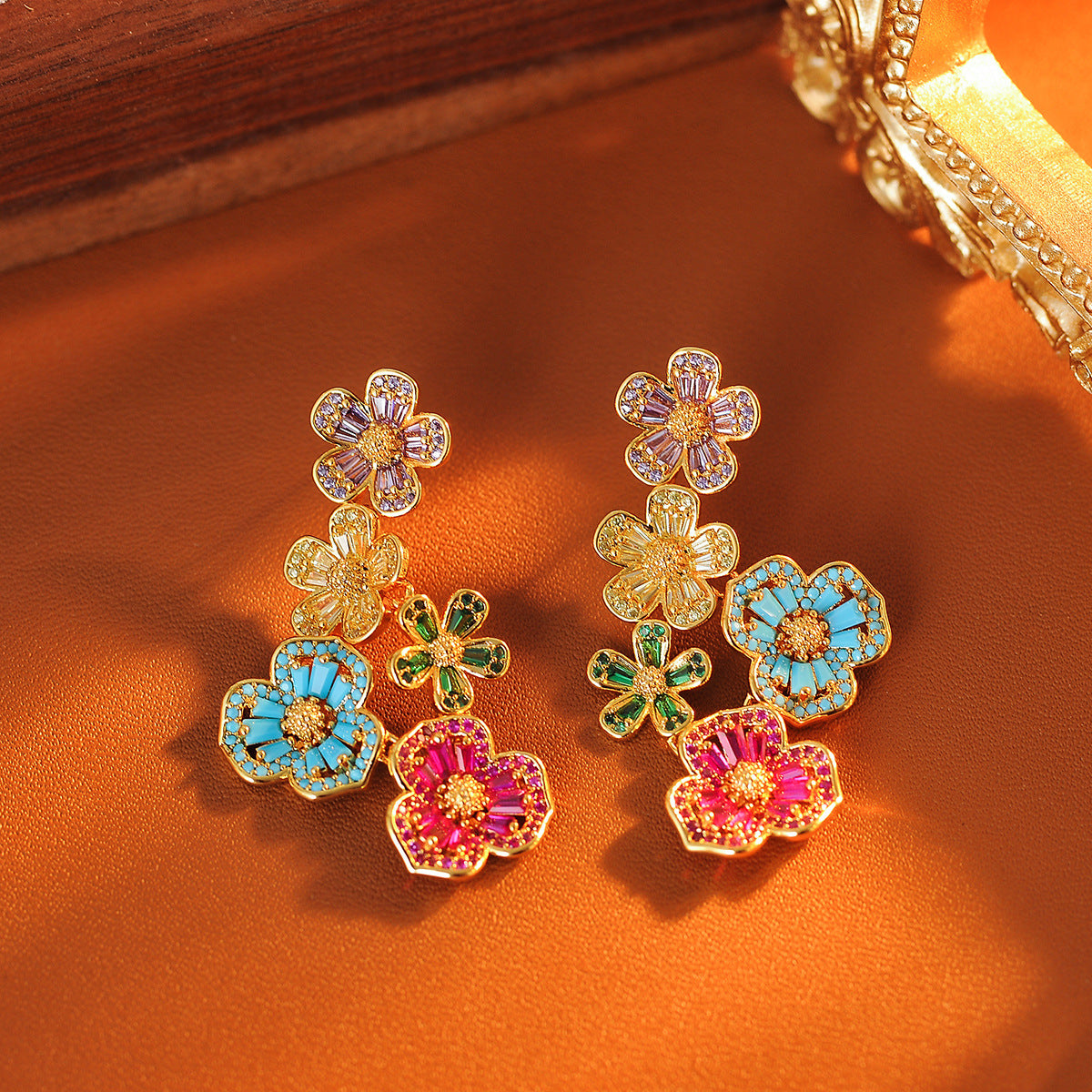 Summer Rainbow Four-leaf Flower Stud Earrings Exquisite and Versatile Fashion High-end Flower Earrings