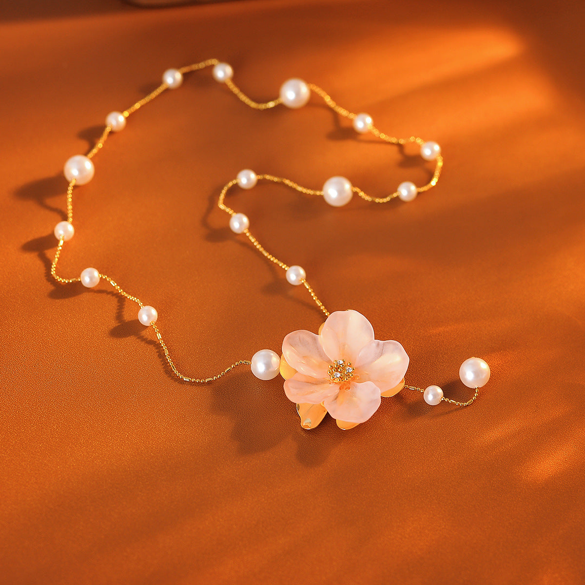 Rose Iced Tea Tassel Floral Stud Earrings with A Floral Necklace Crystal Petal Tassel Collarbone Chain
