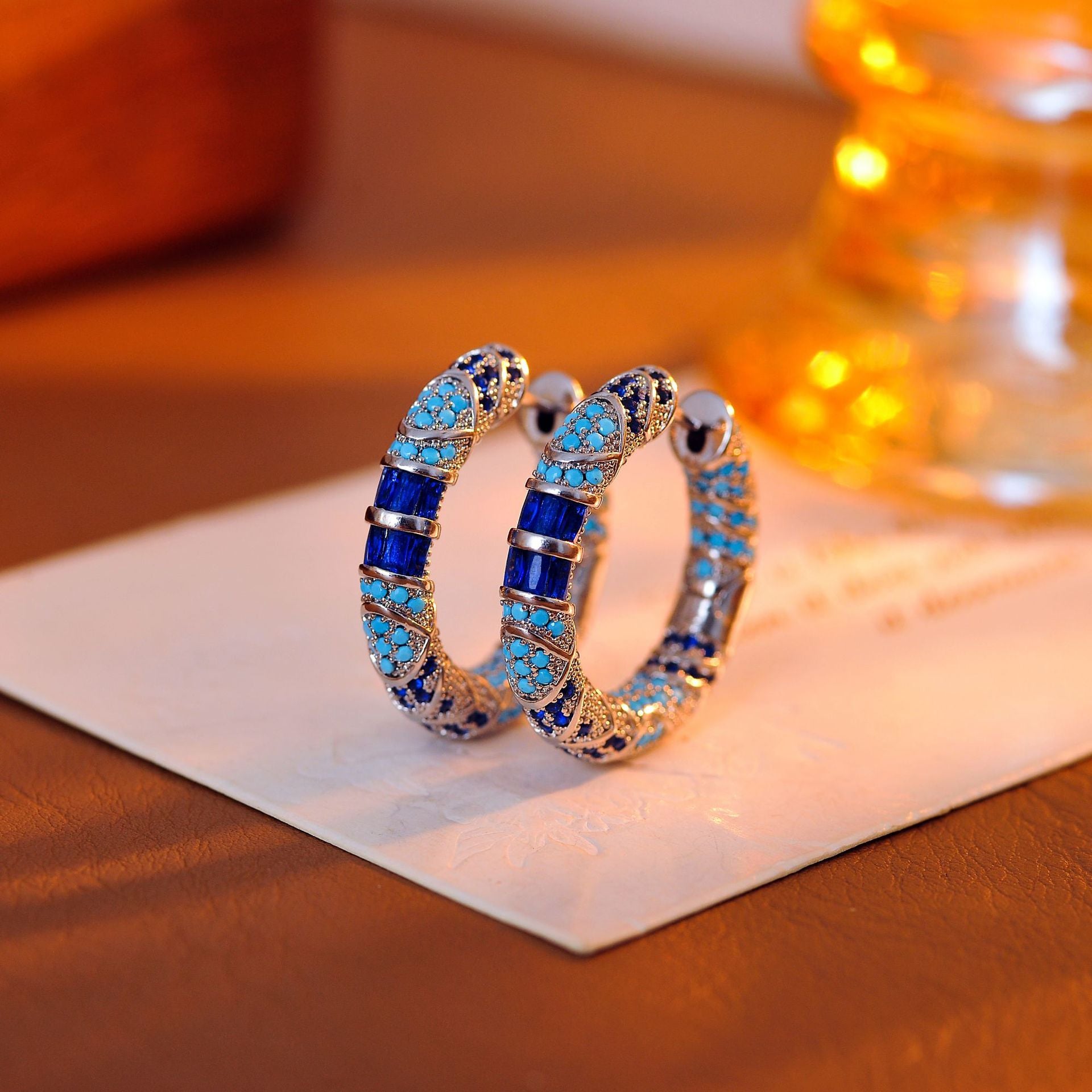 New Retro Style Blue Zircon Earrings Trendy European and American High Sense Niche Light Luxury Earrings