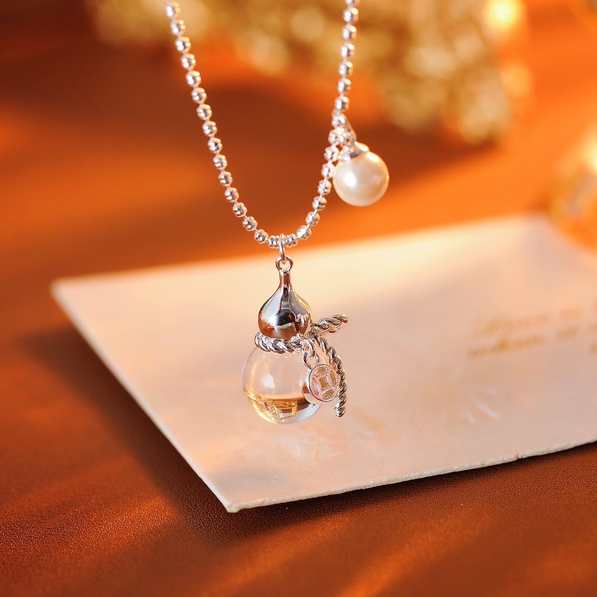 Light Luxury Crystal Gourd Necklace, Guofeng New Chinese Style Fashion Retro High-end Silver Needle Earrings