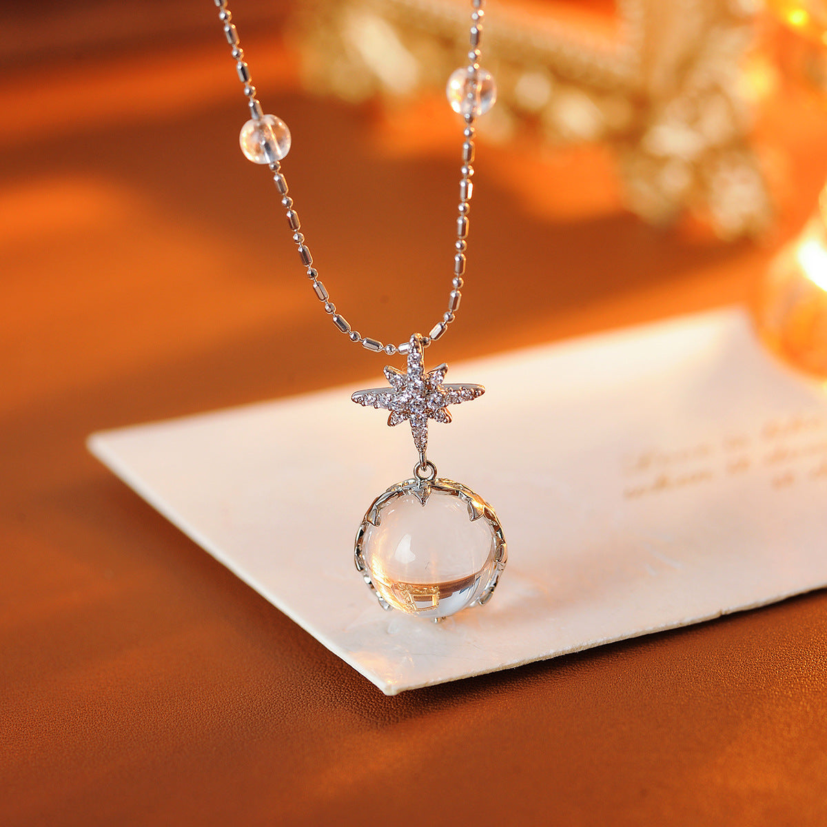 Full Diamond Octagram Ice Transparent White Crystal Necklace Women's Light Luxury Niche Design High Sense White Versatile