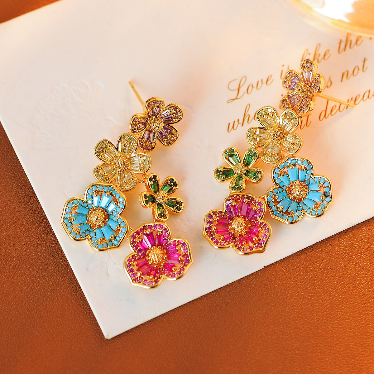 Summer Rainbow Four-leaf Flower Stud Earrings Exquisite and Versatile Fashion High-end Flower Earrings