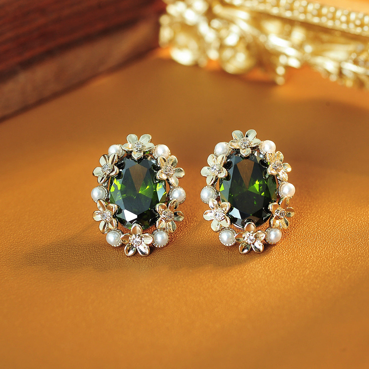 Unique and Beautiful Olive Green Gemstone Flower Pearl Earrings, High-end Light Luxury Temperament Exaggerated Earrings