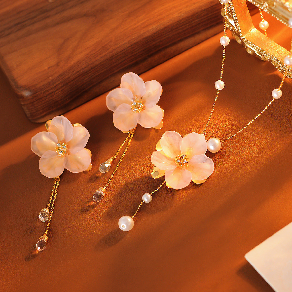 Rose Iced Tea Tassel Floral Stud Earrings with A Floral Necklace Crystal Petal Tassel Collarbone Chain