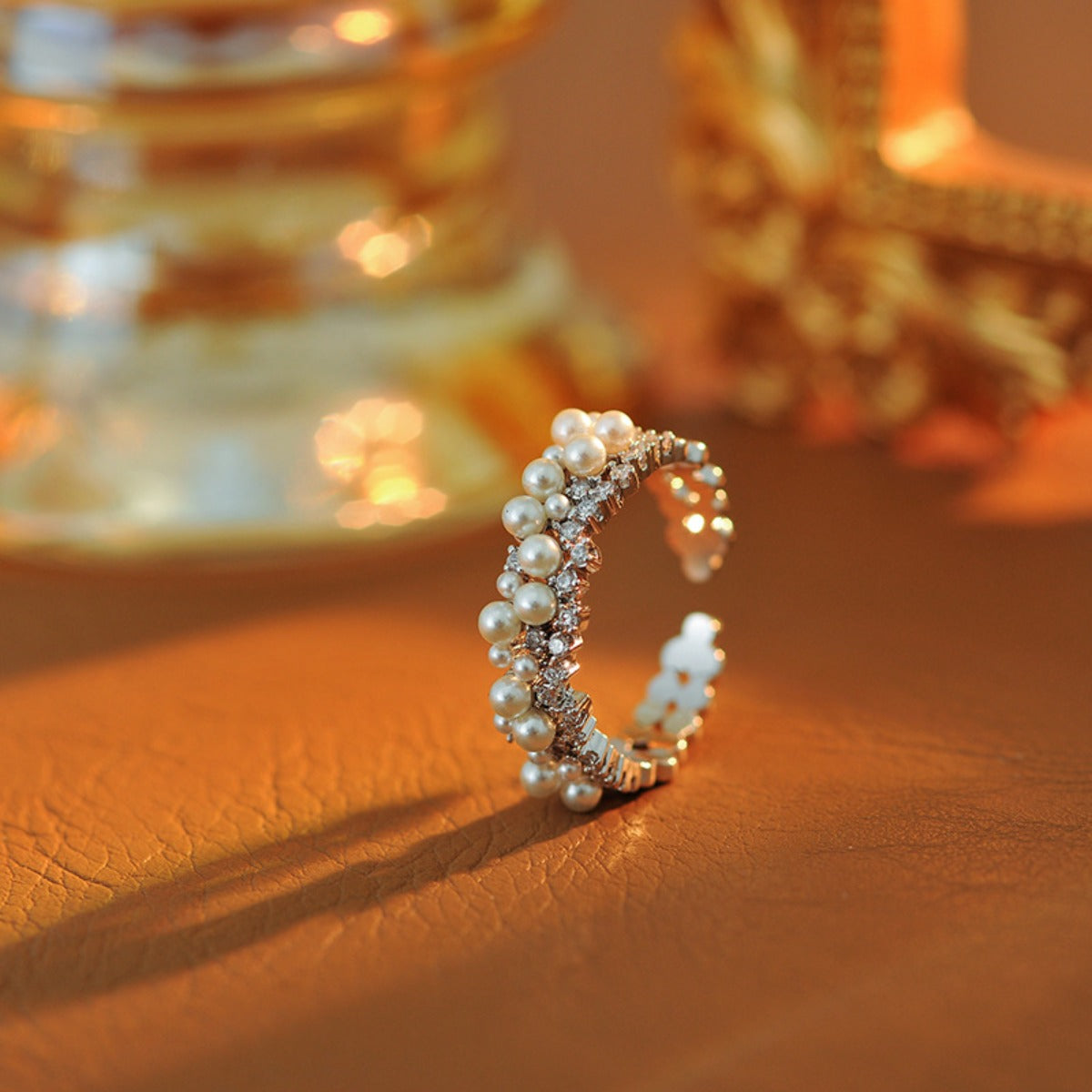 Real Gold Electroplated Round Pearl Zircon Open Ring Light Luxury High-end Index Finger Ring Fashion Commuter Temperament Jewelry