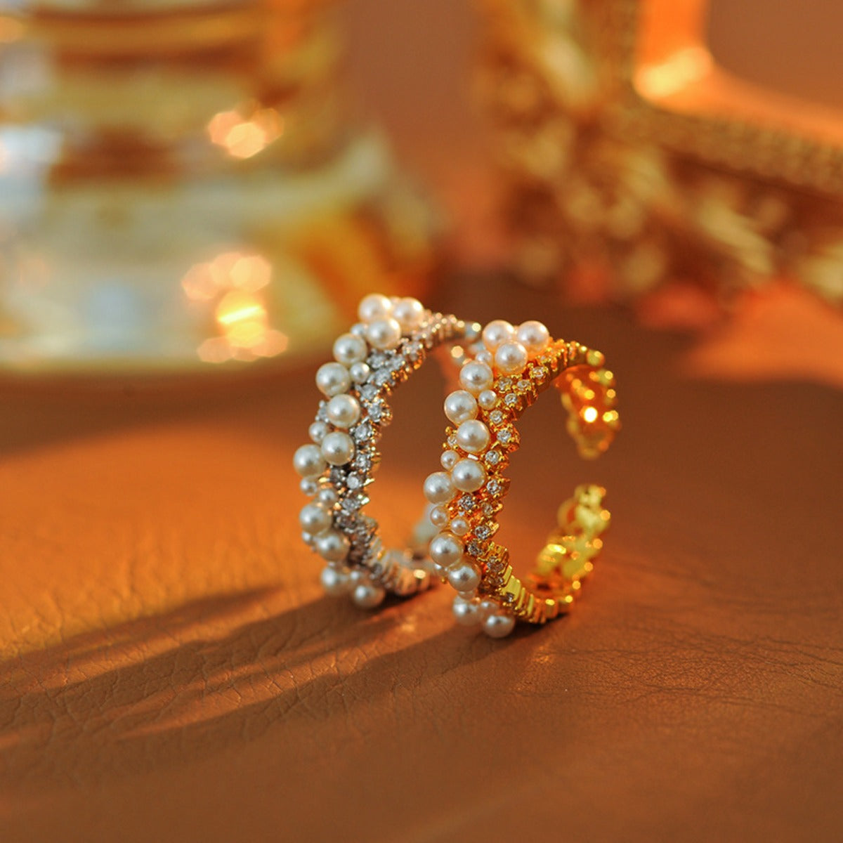 Real Gold Electroplated Round Pearl Zircon Open Ring Light Luxury High-end Index Finger Ring Fashion Commuter Temperament Jewelry