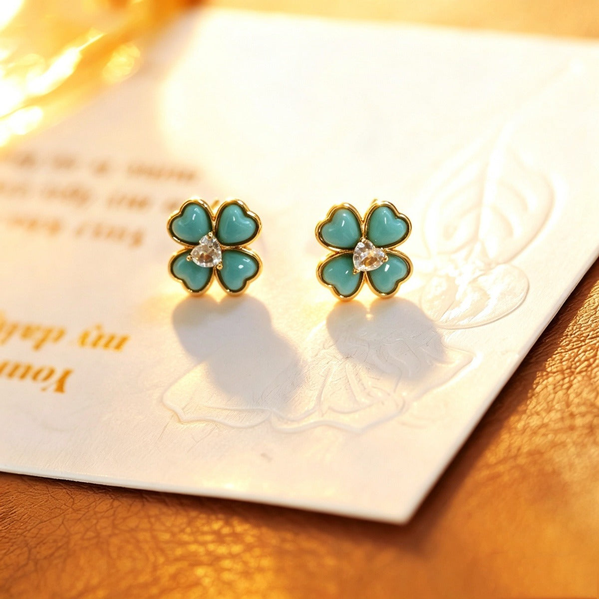 French Vintage Blue Turquoise Four-leaf Clover Earrings with A Sophisticated, Fashionable, Minimalist Elegance, Fresh Sweet Girl Style