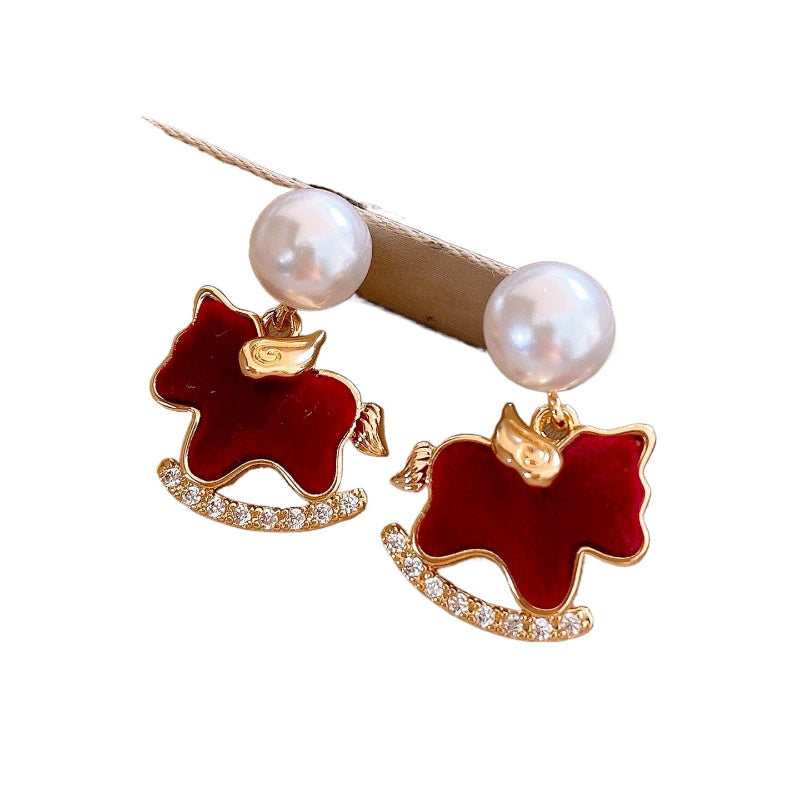 Red Velvet Zircon Horse Dangle Earrings Sweet Imitation Pearl Pony Drop Earrings Rhinestons Animal Jewelry New Year Gifts K
