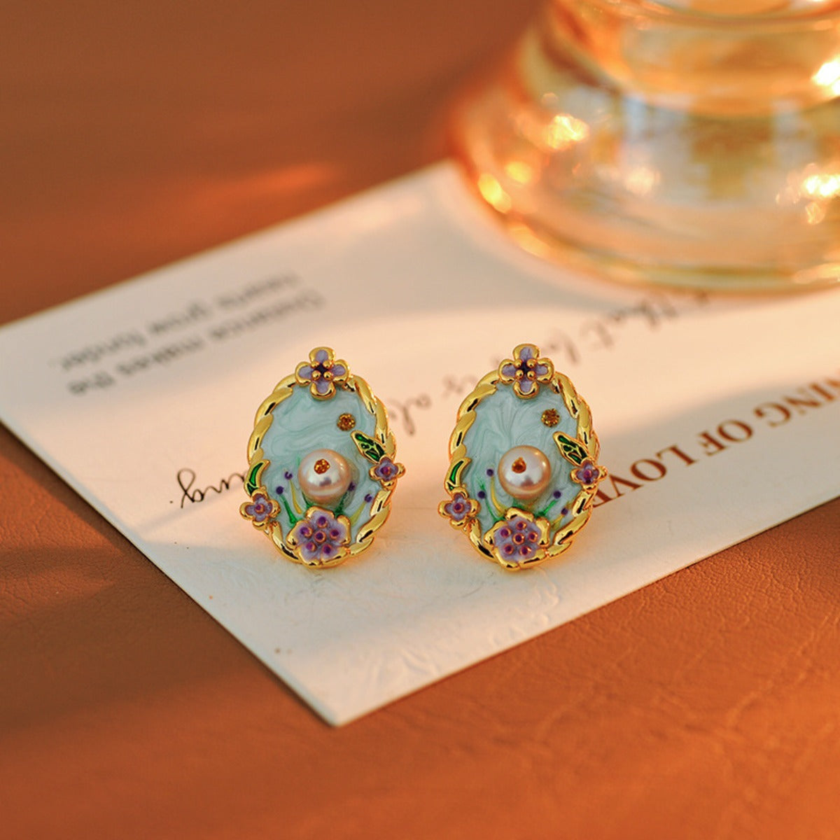 Monet Garden Oil Painting National Tide Style Enamel Earrings Silver Needle Women's Plated Retro Premium Flower Earrings