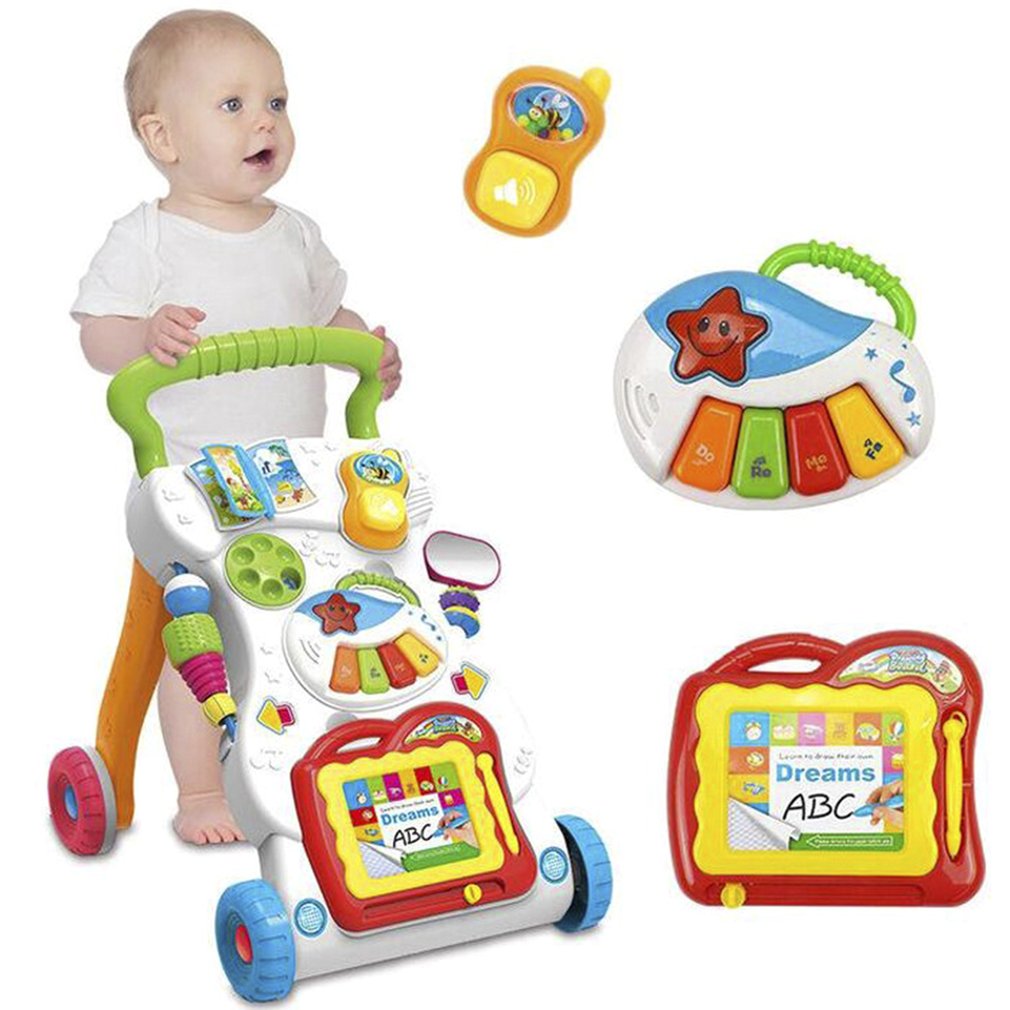 Baby Walker Musical Toddler Trolley Sit to Stand Walker for Kid's Early Learning Educational Baby First Steps Car Adjustable