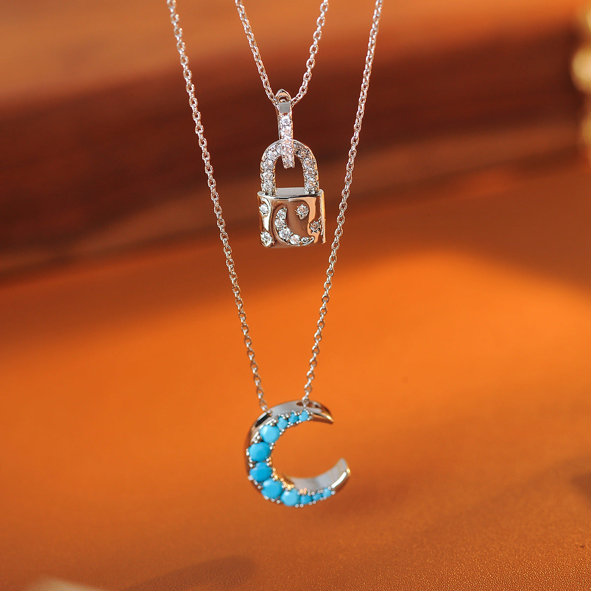 Double-layer Stacked Zircon Lock Moon Pendant Necklace Niche Design Temperament Fashionable Versatile Neck Chain