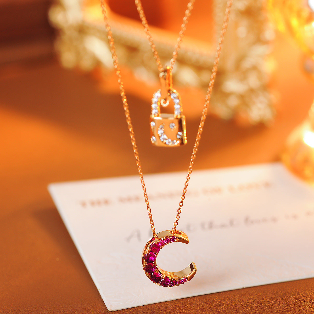 Double-layer Stacked Zircon Lock Moon Pendant Necklace Niche Design Temperament Fashionable Versatile Neck Chain
