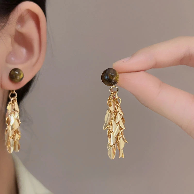 DREJEW Vintage Melard Tiger Eye Stone Fringe Earrings for Women 2025 New Leaf Temperament Drop Earring Gold Plating Jewelries