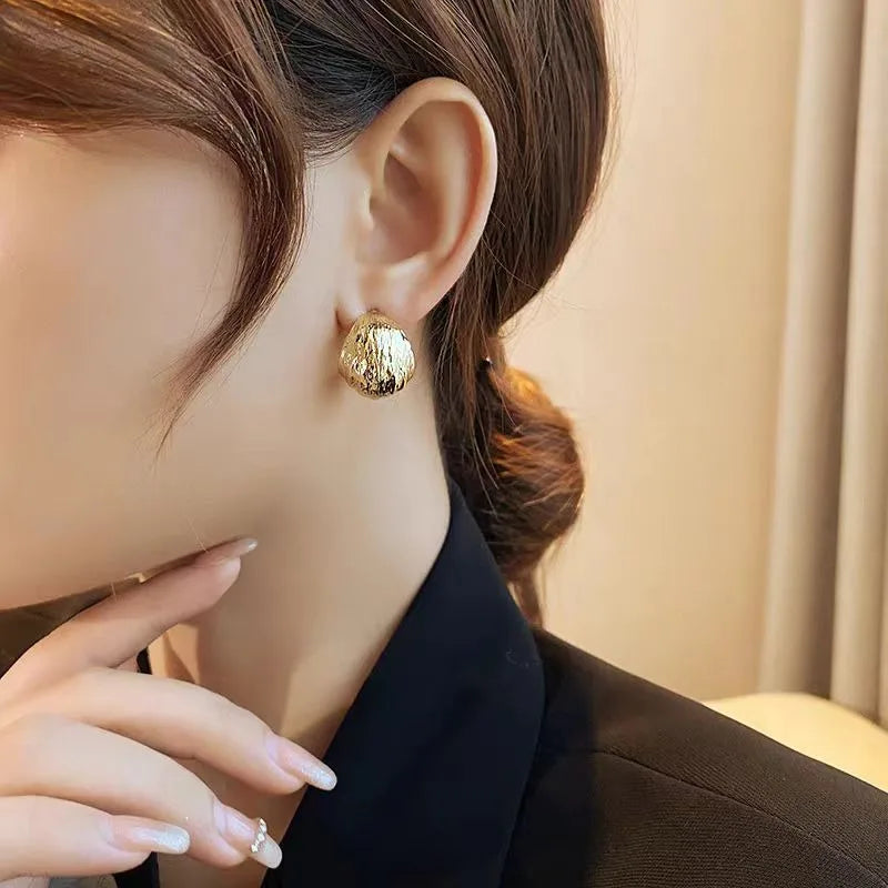 Wrinkled Surface Gold Light Luxury Earrings Women's Early Spring Niche Design Sense 2025 New High-end Sense