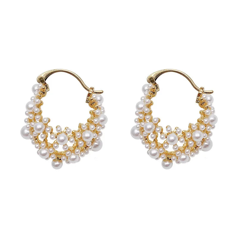 Vintage Gold Color Irregular Pearl Earrings for Women Elegant Metal Hollow Flower Basket Personality Earrings Wedding Jewelry